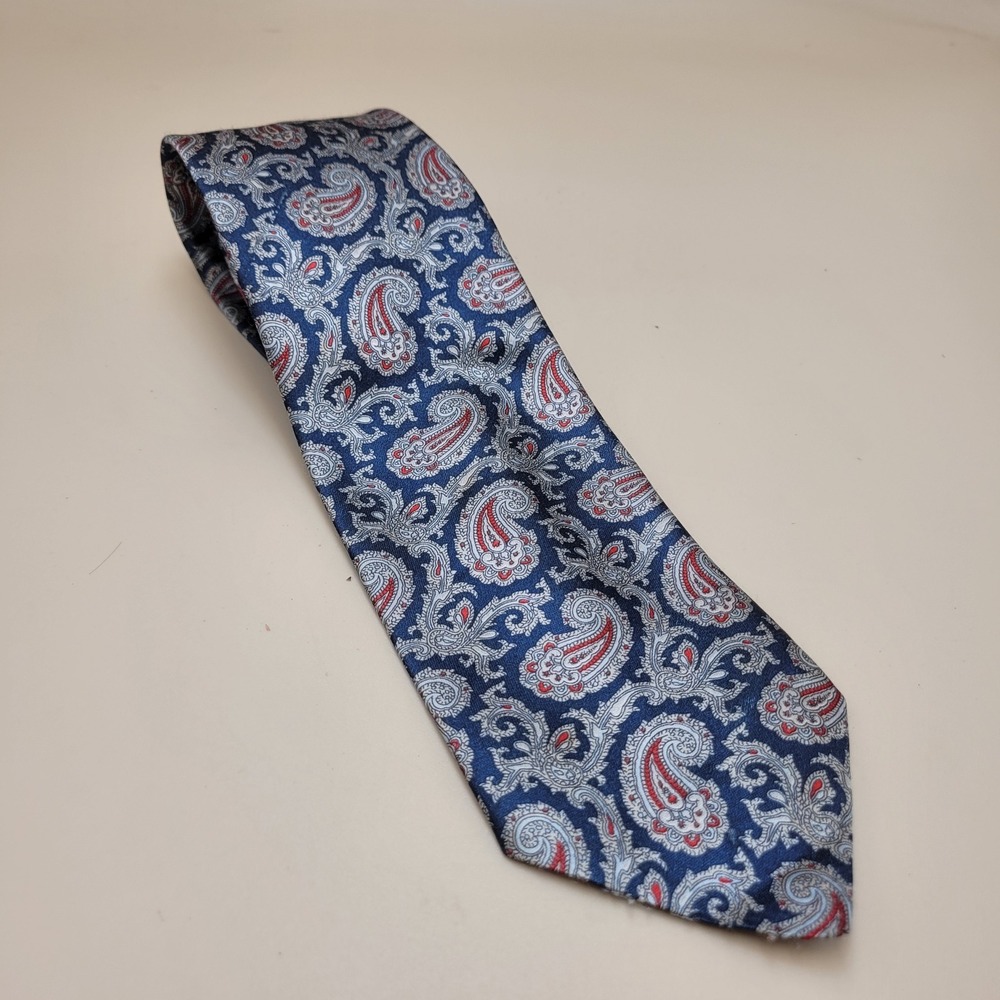 American Edition Collection Mens Paisley Tie Navy Blue Silver Red Made in USA